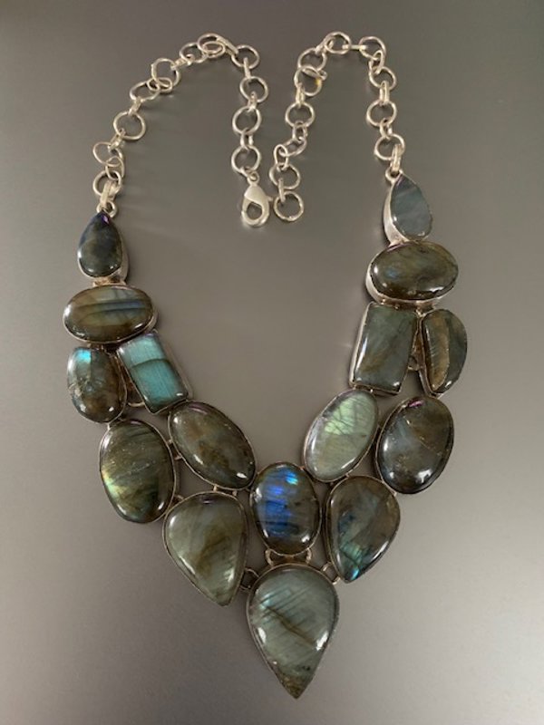 Genuine Labradorite Bib Necklace Gemstone Marked 925