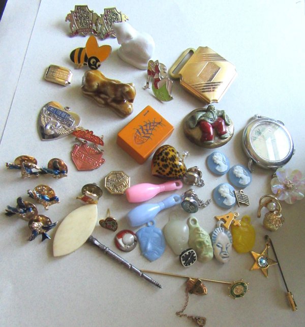 Junk Drawer Lot Bubble Gum Charms 1939 World's Fair Cabochon Wade and More!