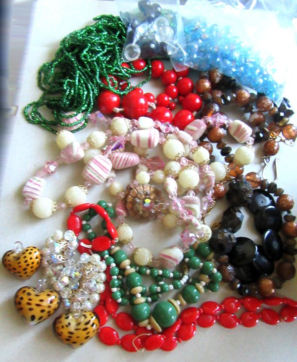 Vintage All Glass and Crystal Beads Lot Leopard Hart Pedants Jewelry Making Supplies