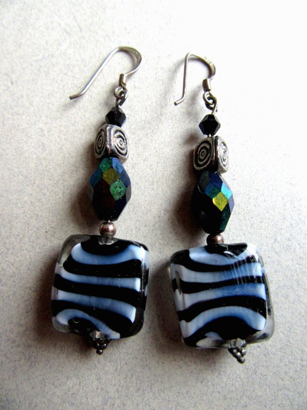 Striped Art Glass Pierced Earrings Sterling Silver Wires