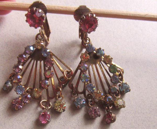 Vintage Multi Color Pastel Rhinestone Clip Earrings