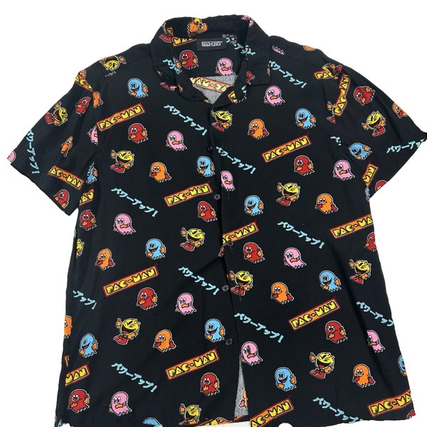 Bandai Pac-Man Rayon Button Down Shirt Sz. L Gamer Gaming 