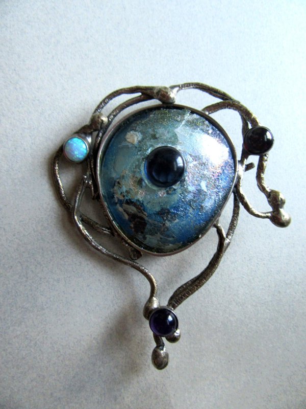 Artisan Made Abstract  Sterling? Silver Gemstones And Opal "Eye" Pin 31.1 Grams