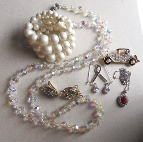 Vintage Jewelry Lot Crystal Necklace Earrings Rhinestone Car Pin and More