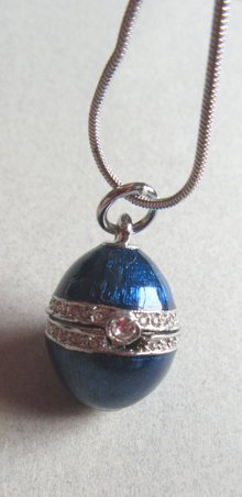 Blue Enameled Rhinestone hinged Egg Pendant on 30" Chain
