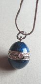 Blue Enameled Rhinestone hinged Egg Pendant on 30" Chain