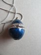 Blue Enameled Rhinestone hinged Egg Pendant on 30" Chain