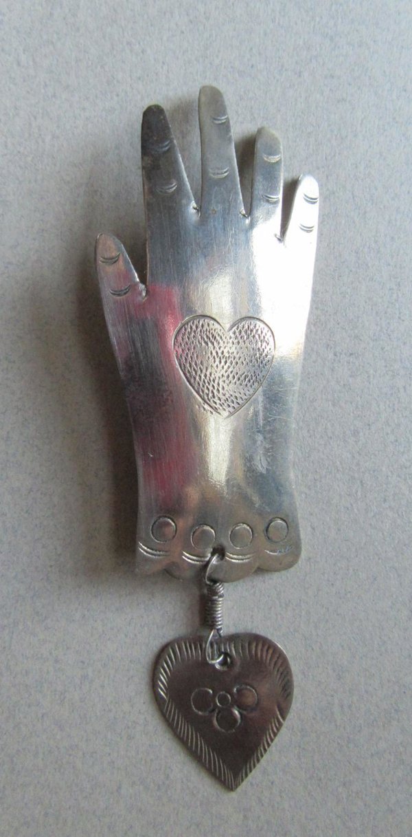 Artisan Sterling? Silver Hand Pin "Wearing Your Heart On Your Sleeve"