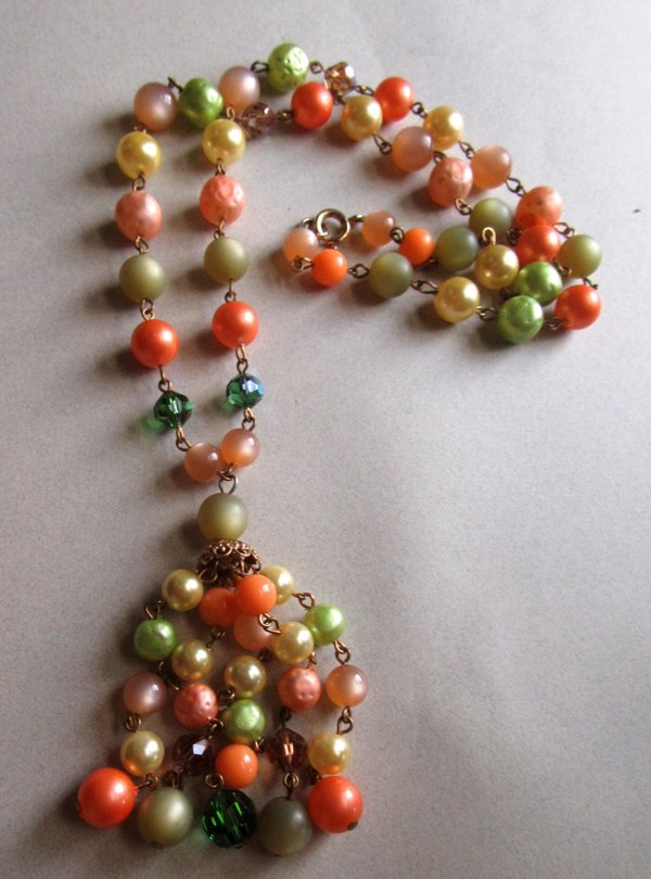 Vintage Citrus Crystal Faux Pearl Moon Glow Tassel Necklace Pretty!