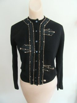 1950's Black Orlon Sweater Beaded Ribbon And Pearl Trim Never Worn Original Tag 