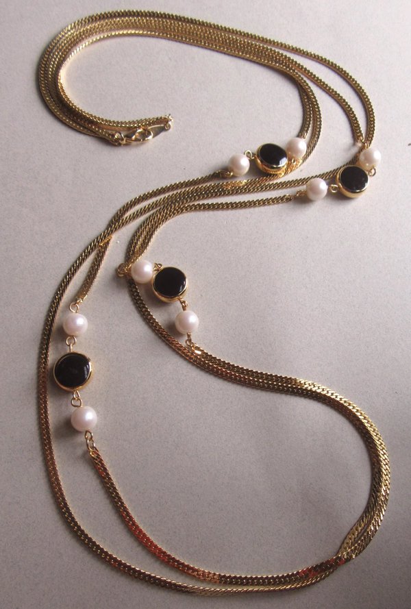 Snakey Gold Tone Mesh Black Lucite and Faux Pearl Long Necklace
