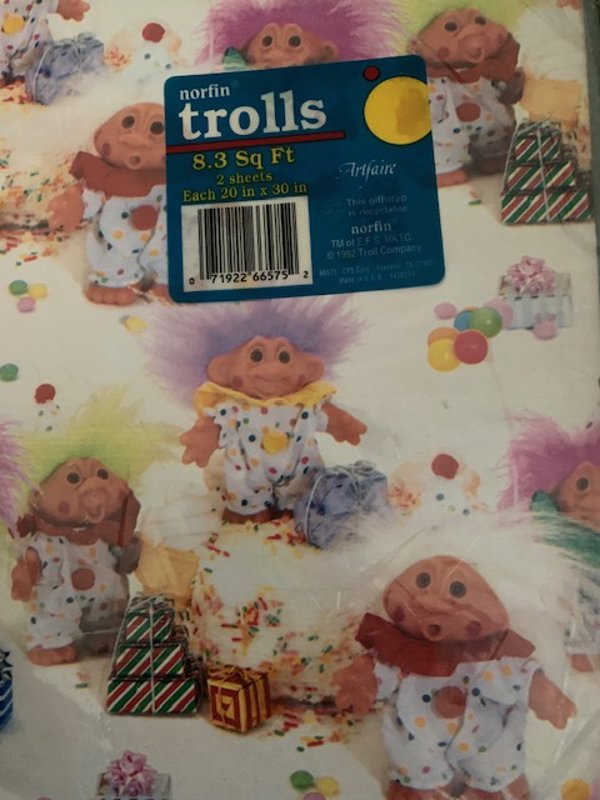 Vintage 1992 Norfin Trolls Birthday Gift Wrap Sealed 2 Sheets
