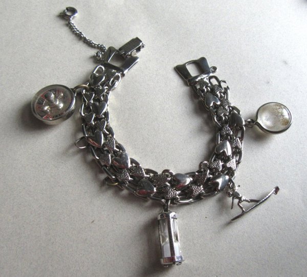 Vintage Hearts Charm Bracelet Articulated Roulette Wheel Charm Austria and Sterling Hour Glass Charm AS IS Destash