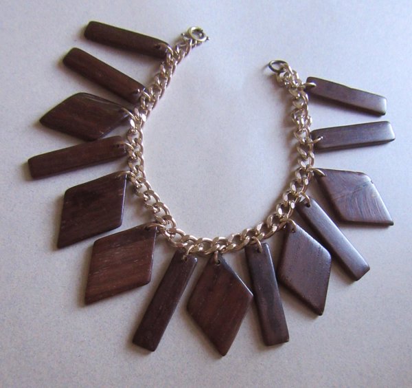 Mid Century Wood Charms Bracelet Vintage Jewelry