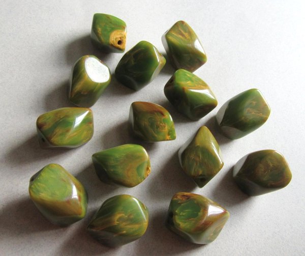Genuine Bakelite 14 Abstract Beads Gorgeous Green Yellow Brown Swirls Jewelry Making