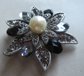 Grey and Black Glass Rhinestone and Faux Pearl Pin Brooch 