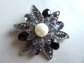 Grey and Black Glass Rhinestone and Faux Pearl Pin Brooch 