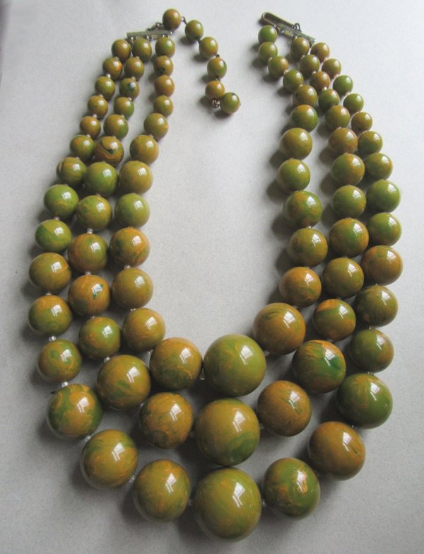 Vintage Bakelite Triple Strand Necklace End Of Day Gorgeous Swirls! 
