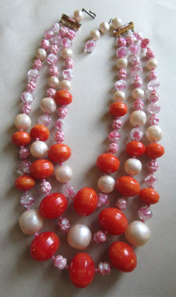 Outrageous Bakelite and Pink Glass Multi Strand Necklace WOW!